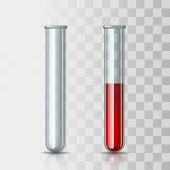 Set of scientific or medical glassware - Empty transparent test tube and test tube filled with blood.