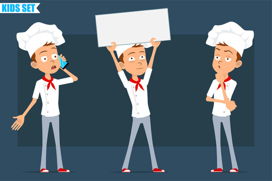 Cartoon flat funny little chef cook boy character in white uniform and baker hat. Kid holding blank sign, thinking and talking on phone. Ready for animation. Isolated on blue background. Vector set.