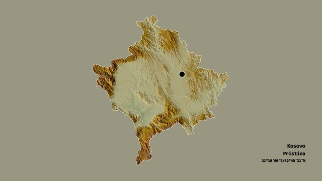 Pristina, district of Kosovo, with its capital, localized, outlined and zoomed with informative overlays on a relief map in the Stereographic projection. Animation 3D