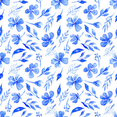 Fototapeta na wymiar Seamless pattern with blue flowers and leaves. Watercolor floral background. Isolated on a white background