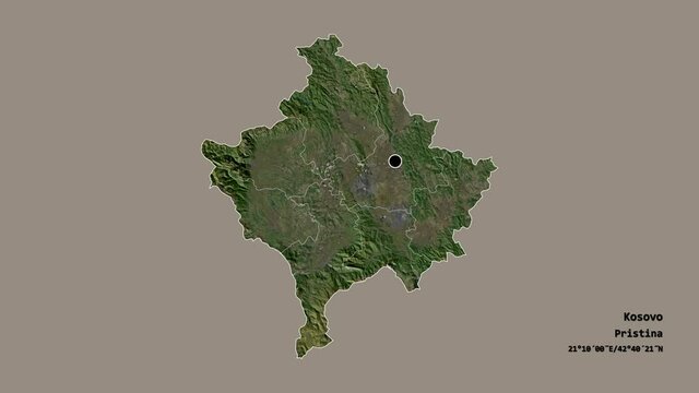 Uro&scaron;evac, district of Kosovo, with its capital, localized, outlined and zoomed with informative overlays on a satellite map in the Stereographic projection. Animation 3D