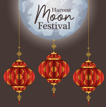 Mid autumn harvest moon festival with red lanterns design, Oriental chinese and celebration theme Vector illustration