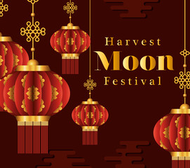 Mid autumn harvest moon festival with red lanterns design, Oriental chinese and celebration theme Vector illustration