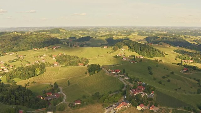 Aerial view of Austrian Vineyards in South Styria. Travel spot near Gamlitz, Austrian Tuscany. Region famous for white wine.