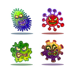 Vector cartoon virus character isolated set illustration on white background. Funny monster bacteria fly germ virus infection illness in microbe and pathogen. Monster and virus concept for graphic art