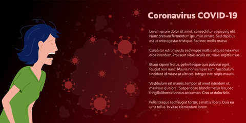 Vector COVID-19 virus microbiology illustration.Woman sneezing with spray and small drops.Drooling from sneezing not properly protected and unhygienic causes the coronavirus to spread.Space for text.