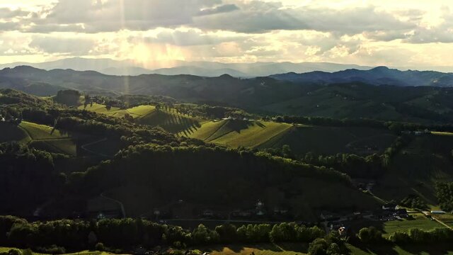 Aerial view of Austrian Vineyards in South Styria. Travel spot near Gamlitz, Austrian Tuscany. Region famous for white wine.