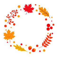 Vector autumn wreath with falling leaves, nut, berry, seasonal floral elements. Round frame made from hand drawn botanical elements. Isolated on white.