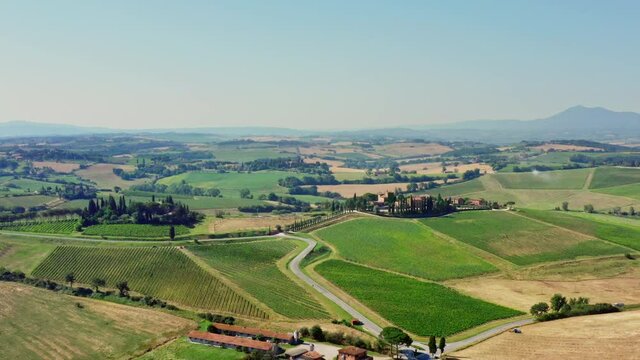 Aerial view of fields in Tuscany Italy