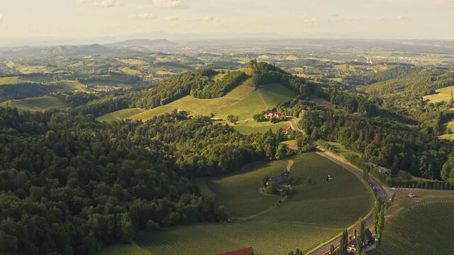 Aerial view of Austrian Vineyards in South Styria. Travel spot near Gamlitz, Austrian Tuscany. Region famous for white wine.