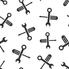 Wrench and screwdriver icon in flat style. Spanner key vector illustration on white isolated background. Repair equipment seamless pattern business concept.