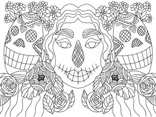 Dia de los muertes woman horizontal vector coloring page. Symmetry young woman and skull and flowers black outline isolated on white. Mexican traditional day. Halloween make up woman and roses.