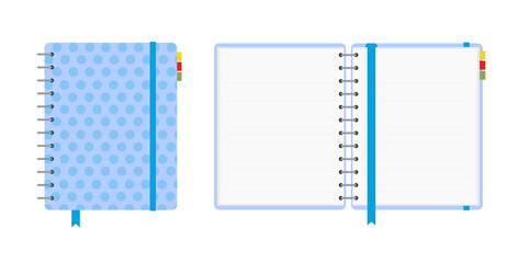 Blue polka dot notebook, closed and open, isolated on white background. School vector background with an open notebook. Flat vector illustration.