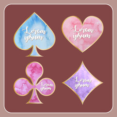 Water color playing card symbol (spade, heart, club, diamond) on nude color background. 