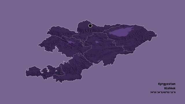Talas, province of Kyrgyzstan, with its capital, localized, outlined and zoomed with informative overlays on a administrative map in the Stereographic projection. Animation 3D