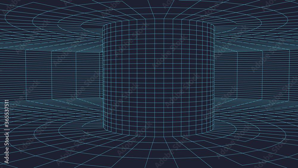 Poster tunnel or wormhole. digital 3d wireframe tunnel. 3d tunnel grid. network cyber technology. surrealis