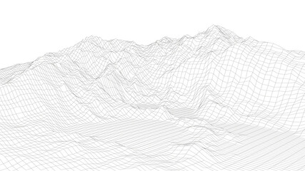Wireframe 3D landscape mountains. Wireframe landscape wire. Cyberspace grid. Vector illustration.