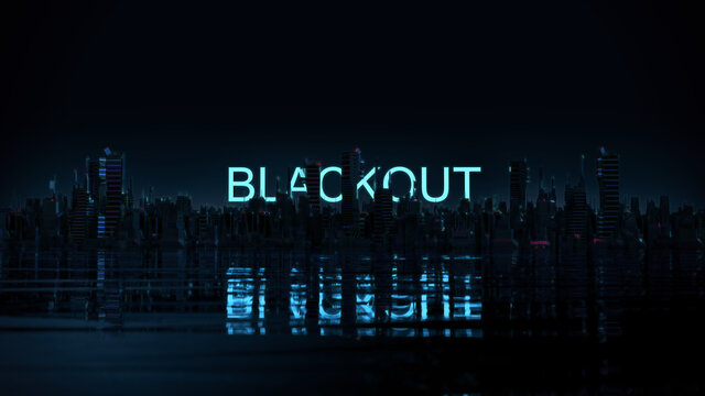 "BLACKOUT" | Düstere Skyline bei Nacht mit neon leuchtendem Schriftzug | 3D Render Illustration 