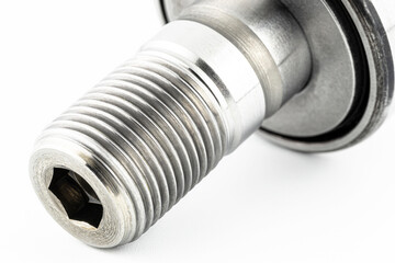 Needle roller bearing, cam follower with thread closeup, isolated on a white background, macro shot.