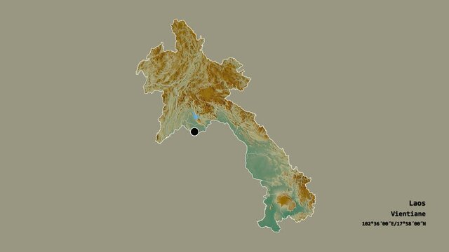 Attapu, province of Laos, with its capital, localized, outlined and zoomed with informative overlays on a relief map in the Stereographic projection. Animation 3D