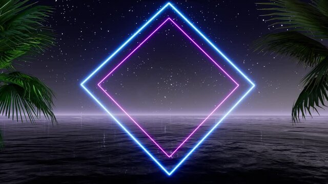 Neon border frame. Futuristic banner. Led light. Nature sea 4k