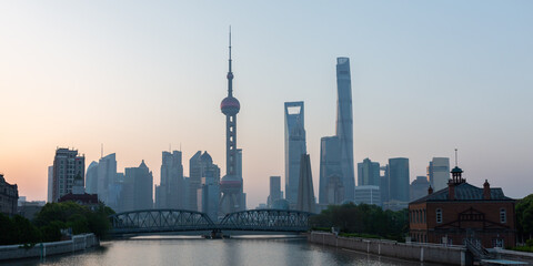 Panorama of the Shanghai Pudong skyline with Garden Bridge (Waibaidu Bridge)