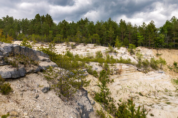 Limestone wall with forest on top and dark cloudy, stormy sky above. Landscape of former rock quarry in Nowiny, Susiec, Poland, Europe.