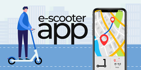 Electric and kick scooter sharing app vector illustration. Active, urban or innovative lifestyle, website template, landing page. © Natureonion
