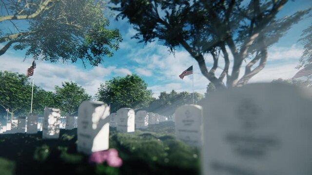 Headstones, graves and US flags at the Arlington National Cemetery, dolly shot