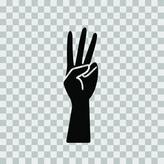 Fototapeta premium Hand gesture, three fingers up. Vector icon, black silhouette, isolated on transparent background, minimal flat design, eps 10.
