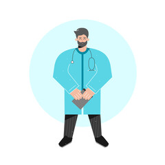 Vector isolated concept with doctor standing tall and holding documents. Friendly smiling medic (man) is dressed in blue medical gown and has stethoscope. Modern line details in flat illustration