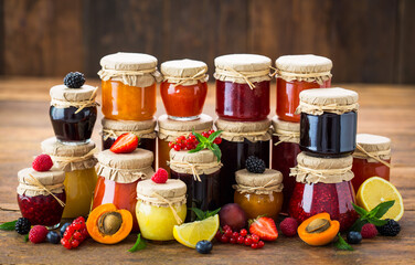 Various homemade fruit jam in the jars 