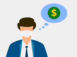 Businessman think about money with face mask, Coronavirus pandemic economy concept, Vector