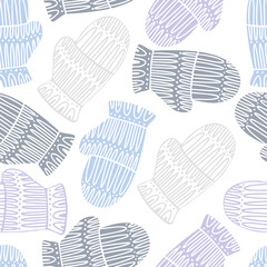 Seamless cute vector design of knitted mittens in pastel cold tones on white