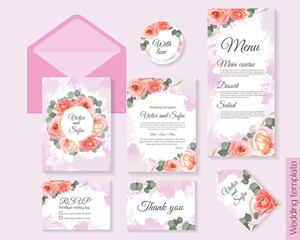 Obraz premium Vector floral wedding invitation. Round gold frame, beads, pink roses, eucalyptus. Invitation card, thanks, rsvp, menu. 