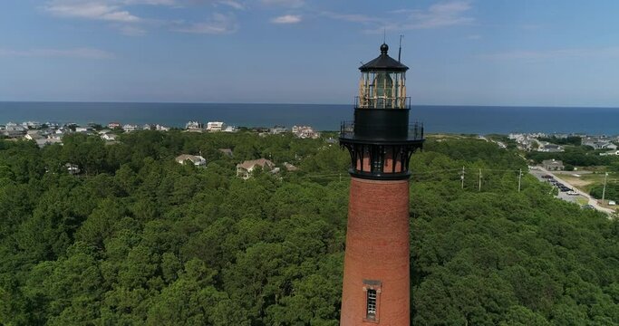 Historic Currituck Beach Lighthouse in Corolla, NC.  Aerial drone shot in the Outer Banks