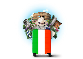 Italy, landmarks Italy and retro suitcase with hat