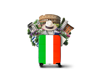 Italy, landmarks Italy and retro suitcase with hat
