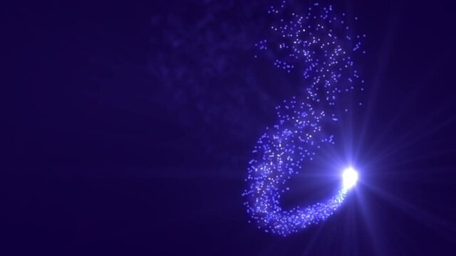 Bright white and blue glowing spark with dust trail, set against a dark blue/purple background.