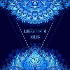 Template of deign  of Abstract decorative element in Boho Eastern  Ethnic style  or  Mandala  in blue for advertising  cosmetic or perfume or  hygiene products or tea