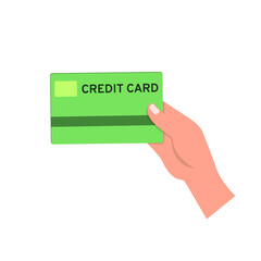 Hand holds a green credit bank card. Vector illustration, flat cartoon color design, isolated on white background, eps 10.