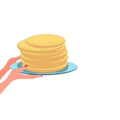 Female hands hold a plate with a stack of pancakes. Vector color illustration, cartoon design, isolated on white background, side view, eps 10.