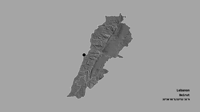Bekaa, governorate of Lebanon, with its capital, localized, outlined and zoomed with informative overlays on a bilevel map in the Stereographic projection. Animation 3D