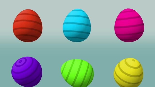 Striped 3D Easter eggs fall from the sky in multiple colors. Looping animation. 