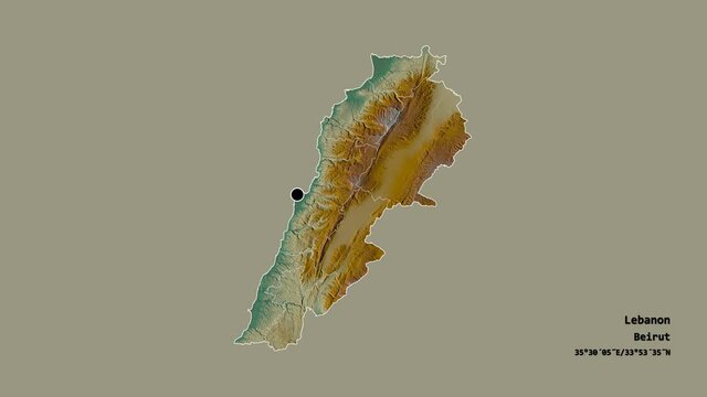 Bekaa, governorate of Lebanon, with its capital, localized, outlined and zoomed with informative overlays on a relief map in the Stereographic projection. Animation 3D