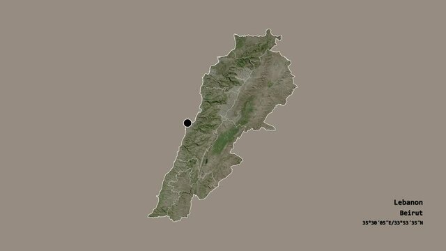Bekaa, governorate of Lebanon, with its capital, localized, outlined and zoomed with informative overlays on a satellite map in the Stereographic projection. Animation 3D