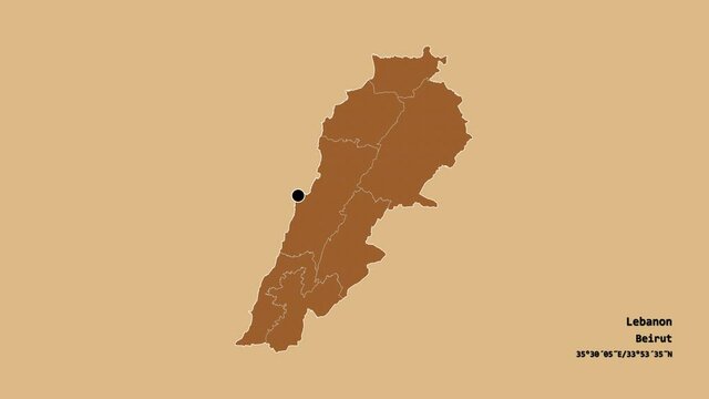 Mount Lebanon, governorate of Lebanon, with its capital, localized, outlined and zoomed with informative overlays on a solid patterned map in the Stereographic projection. Animation 3D