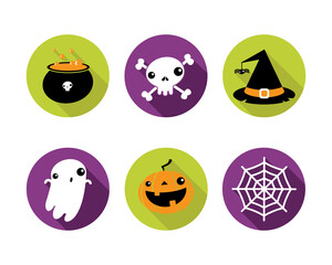 Set of vector Halloween icons. Pot, skull, ghost, pumpkin, hat, web isolated on a green and purple circles. Collection of flat simple icons for web, apps, invitations, cards, posters, flyers, etc.