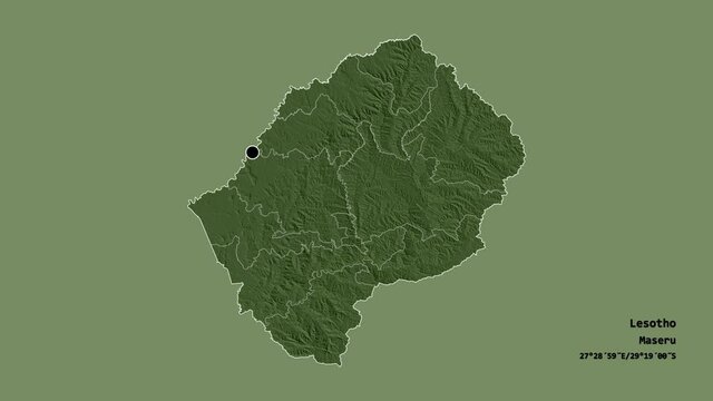 Berea, district of Lesotho, with its capital, localized, outlined and zoomed with informative overlays on a administrative map in the Stereographic projection. Animation 3D