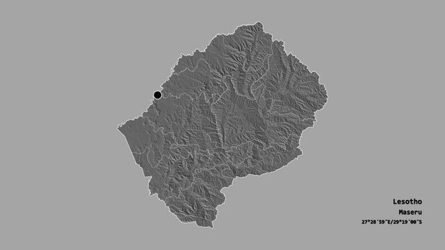 Berea, district of Lesotho, with its capital, localized, outlined and zoomed with informative overlays on a bilevel map in the Stereographic projection. Animation 3D